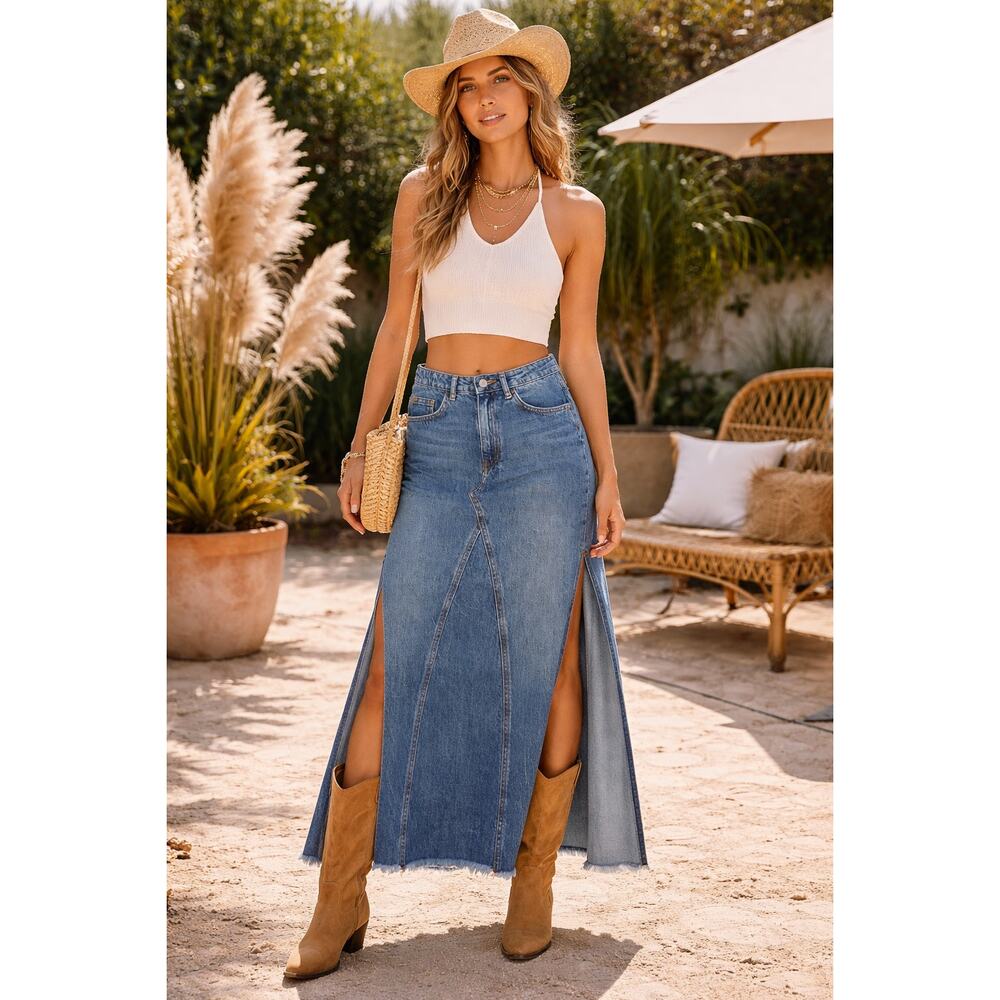 Free People Blue Denim Midi Skirt with Side Slits